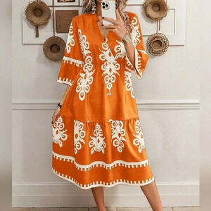 Leisure Random Print Notched Neck Flare Sleeves Dress